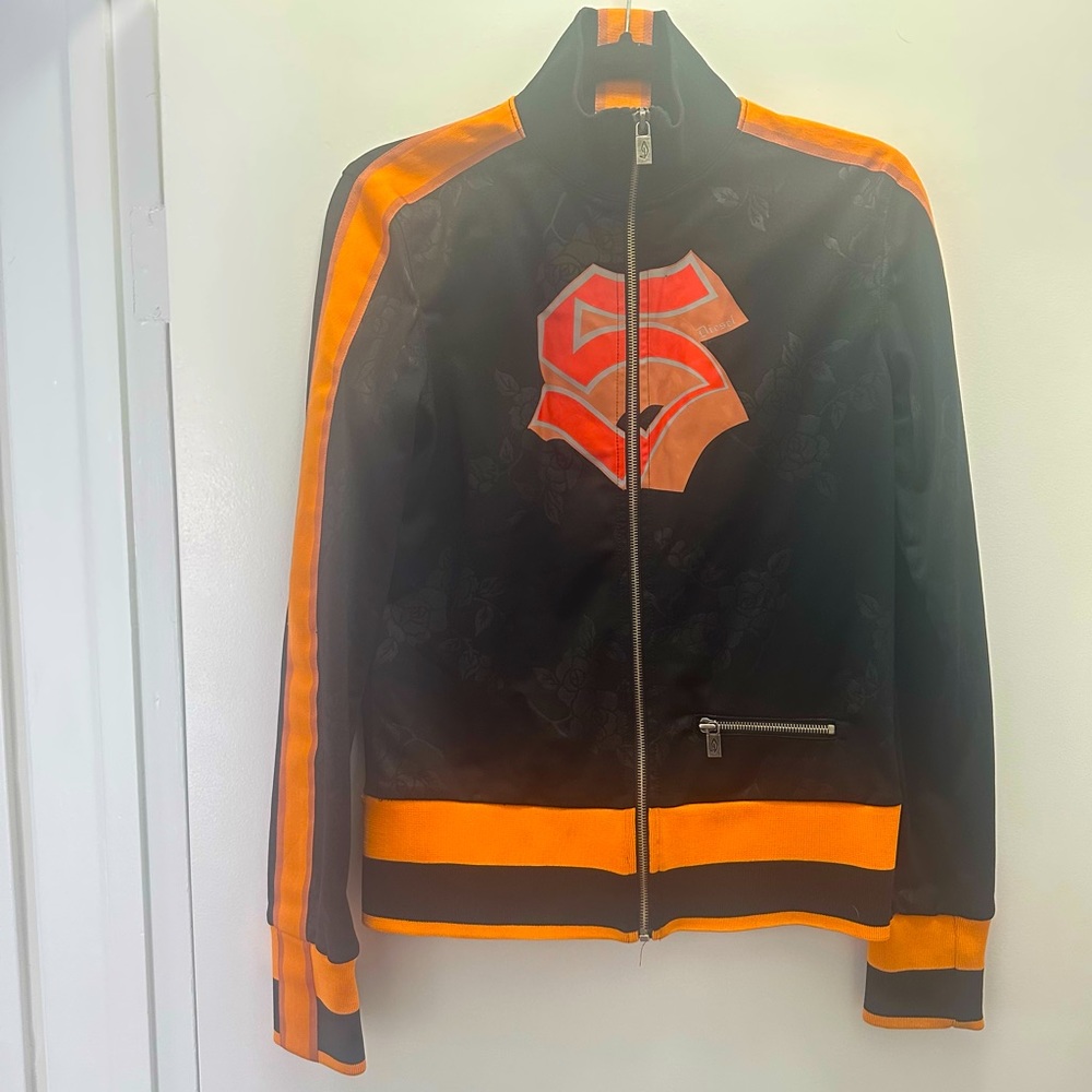 *SOLD* Diesel Black and Neon Orange Racing Striped Zip-Up Jacket Sz Large